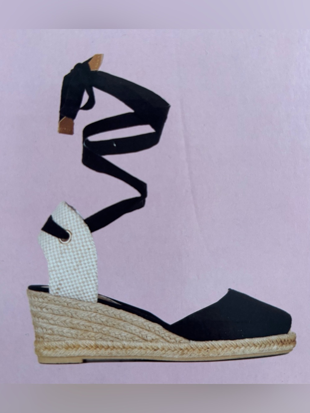 Serra Black and Cream Espadrille Wedge Sandals with Wrap Ankle Ties